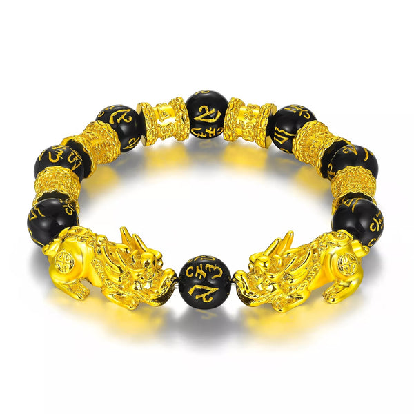 TCC™ Black Obsidian Gold Plated Double Pixiu Feng Shui Wealth Bracelet